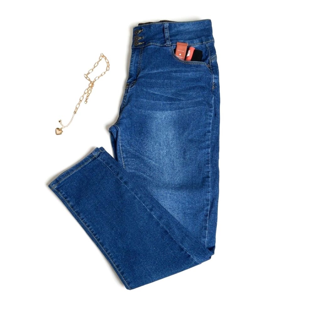 Bamboo High Waist Triple Button Straight Leg Jeans Medium Wash